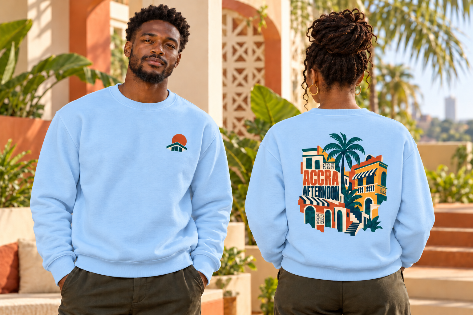 Accra Afternoon sky blue crewneck sweatshirt front and back