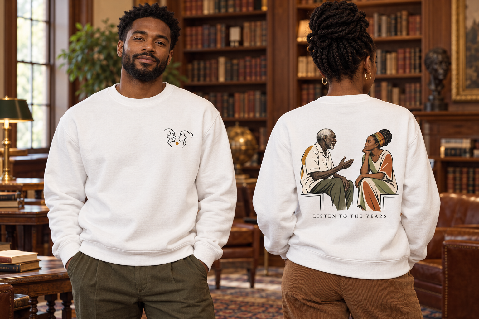 Listen To The Years Crewneck Sweatshirt — White mockup