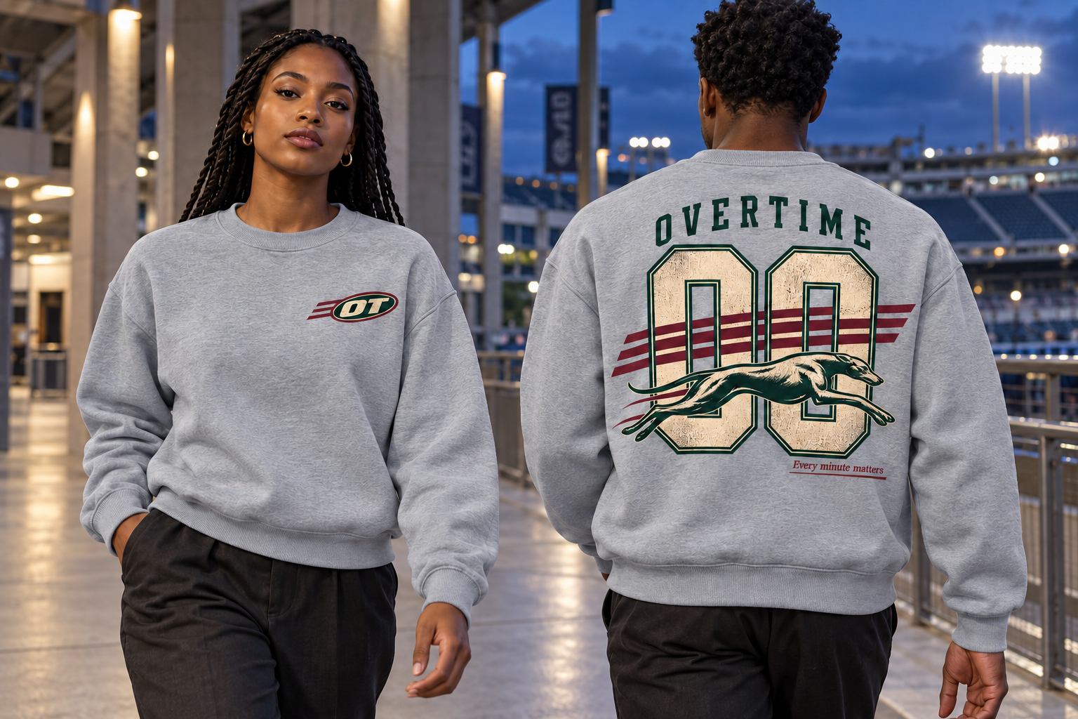Front and back views of the heather gray Overtime crewneck sweatshirt