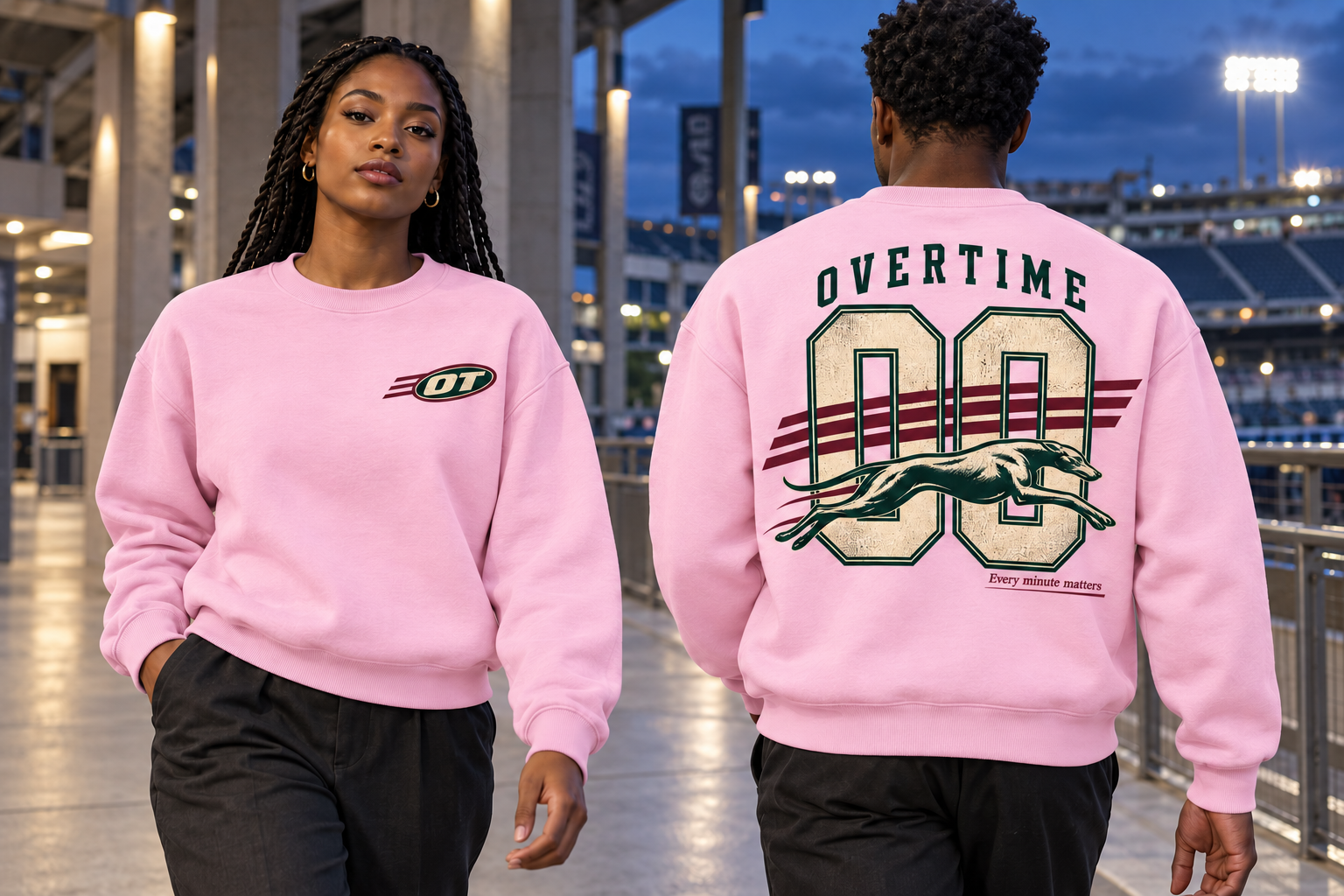 Front and back views of the light pink Overtime crewneck sweatshirt