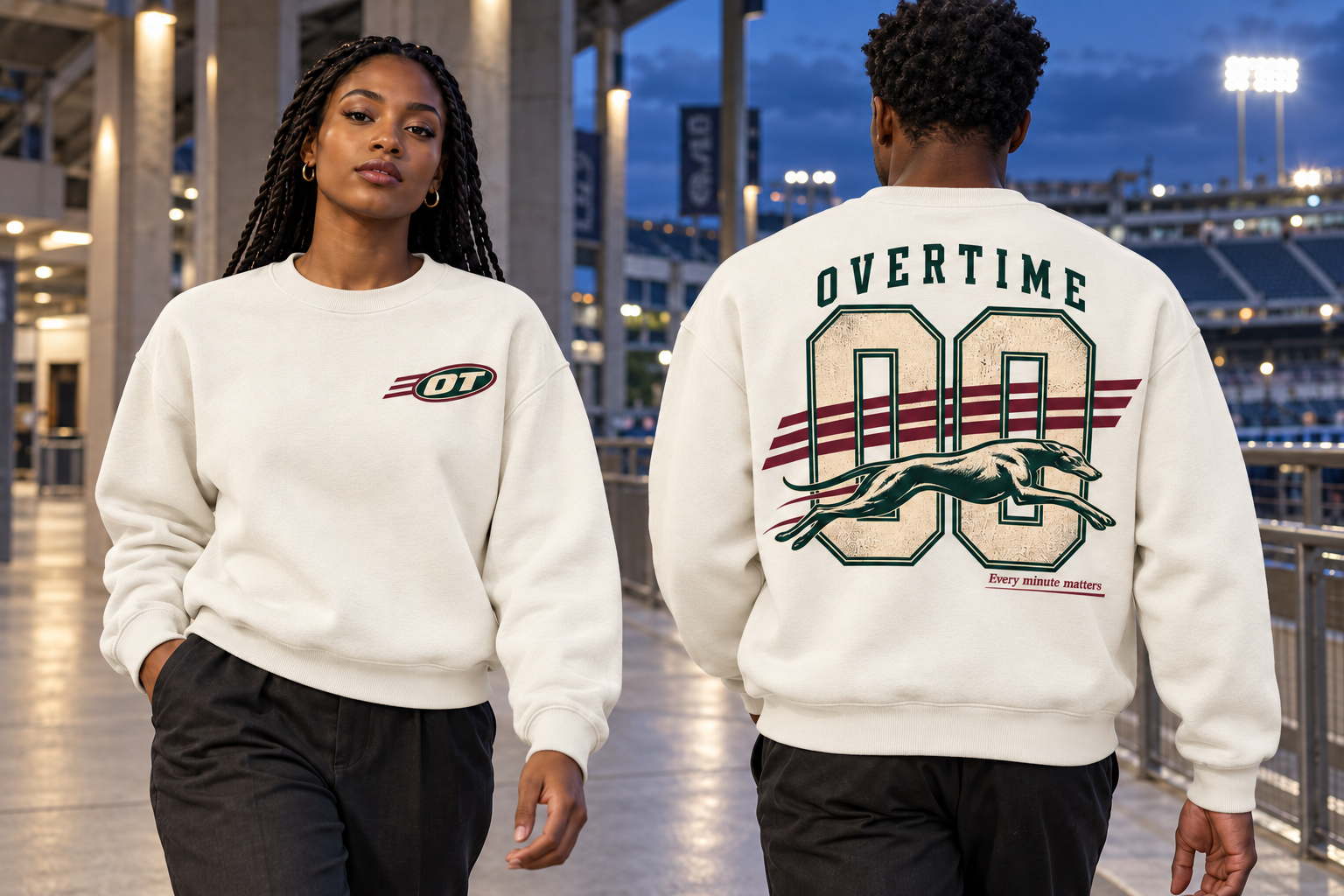 Front and back views of the off-white Overtime crewneck sweatshirt