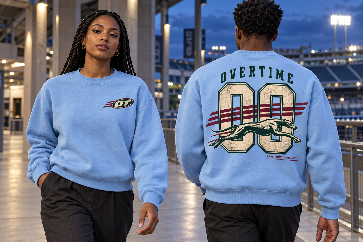 Front and back views of the sky blue Overtime crewneck sweatshirt