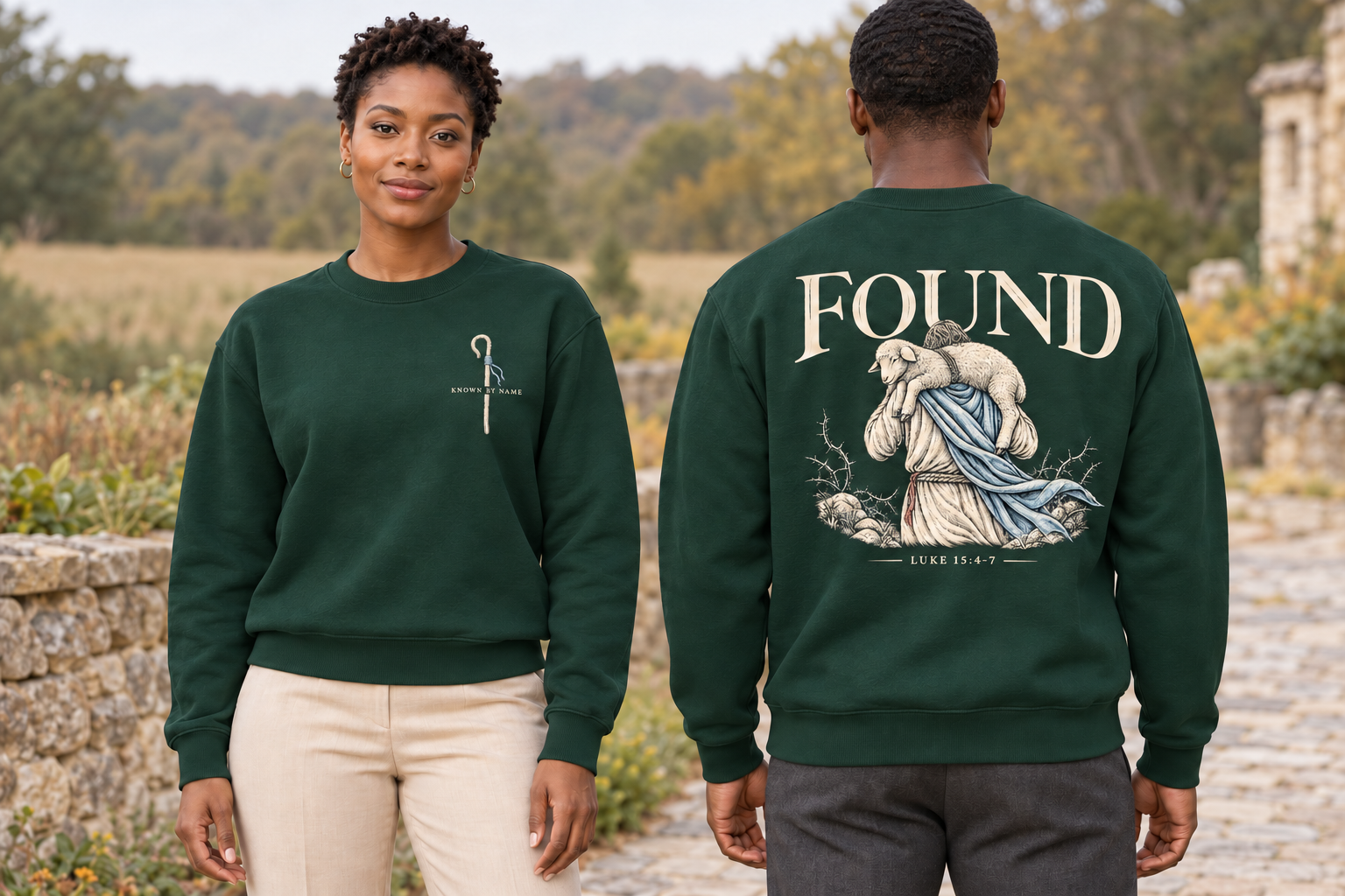 Found hunter green crewneck sweatshirt front and back