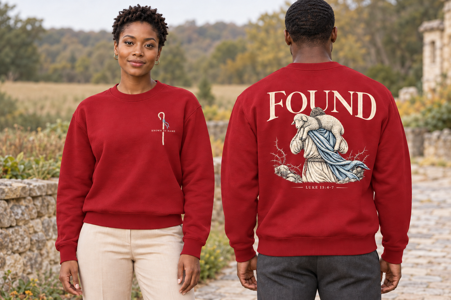 Found red crewneck sweatshirt front and back