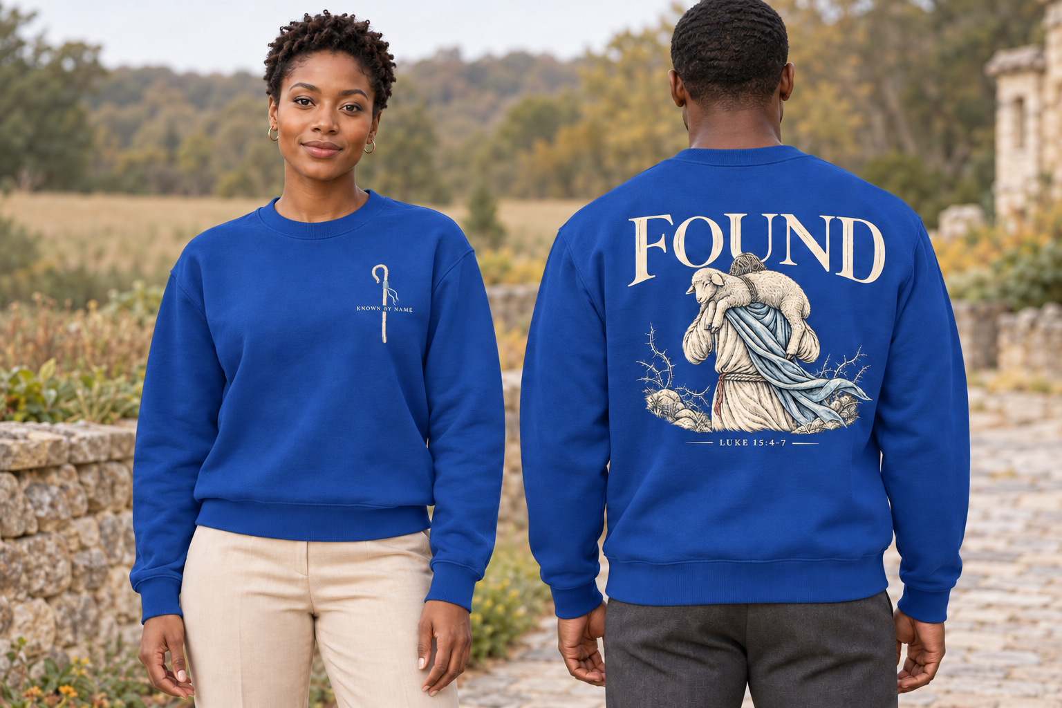 Found royal blue crewneck sweatshirt front and back